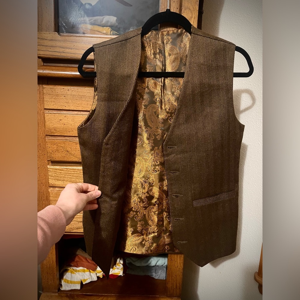 Custom Made Light Brown/Tan Men’s Dressy Wool Steampunk Herringbone Suit Vest xs
